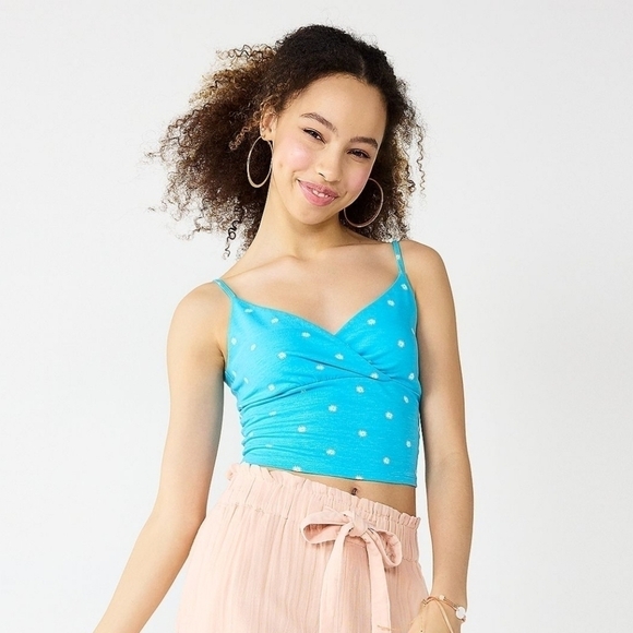 SO Wrap Tank Top Juniors XL Blue Yellow White Daisy Floral Stretch Cami NWT - Picture 1 of 15